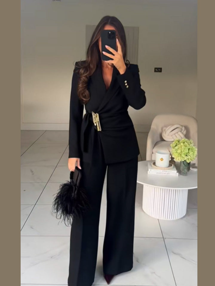 Women's Tailored Wrap Blazer with Decorative Metal Buckle & High-Waist Palazzo Pants Mune Fashion