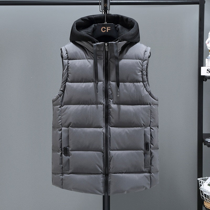 Men's Padded Hooded Vest with Stand-up Collar, Full-length Zipper and Drawstring Mune Fashion