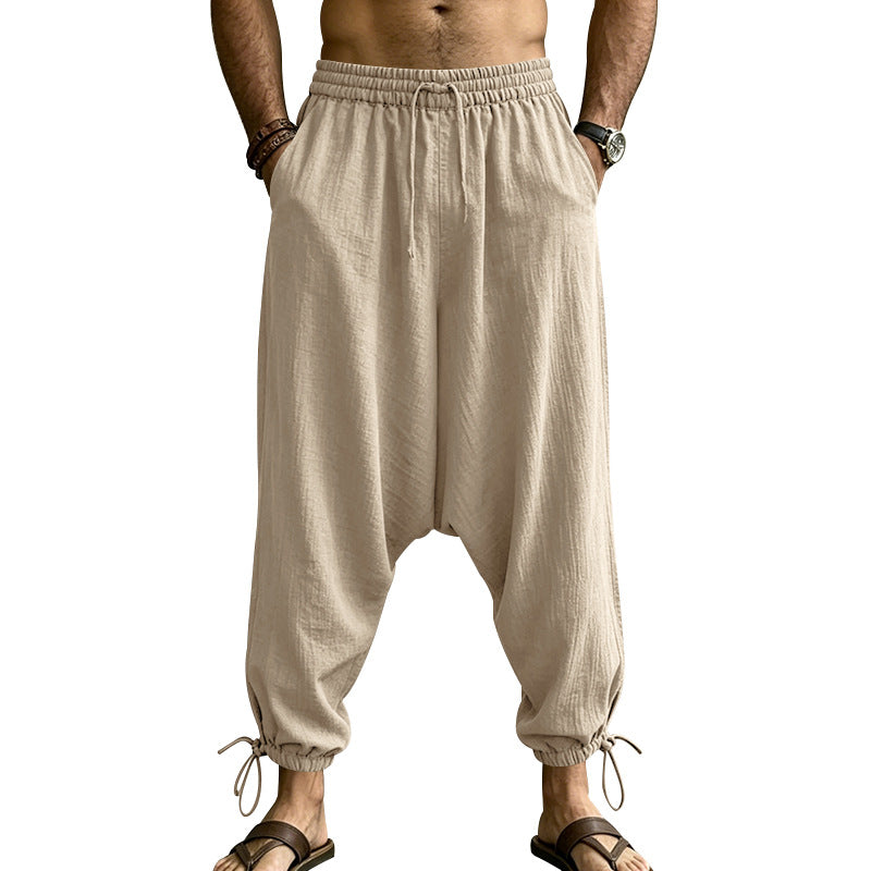 Men's harem pants with a low crotch, elastic waistband, and adjustable ankle cuffs Mune Fashion