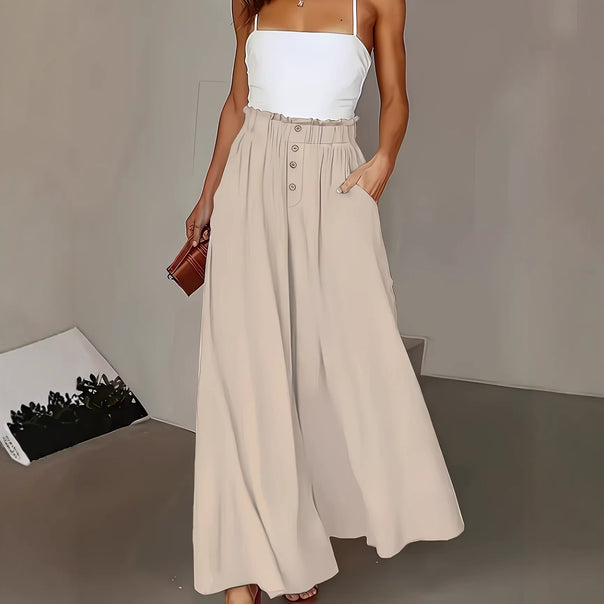 Women wide linen trousers with high, gathered waistband and button decoration Mune Fashion
