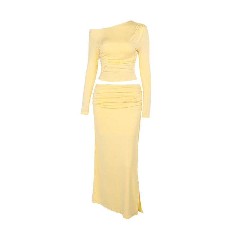 Damen Asymmetrisches Crop‑Top und taillenbetonter Maxirock‑Set aus Stretchjersey Mune Fashion