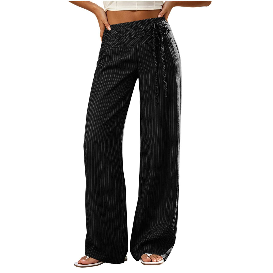 Women Wide High-Waist Palazzo Pants with Striped Pattern and Tie Belt Mune Fashion