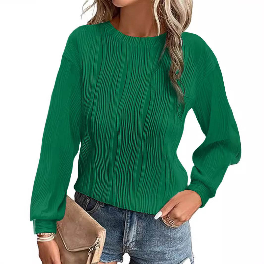 Women Pleated Fine Knit Long Sleeve with Round Neck Mune Fashion