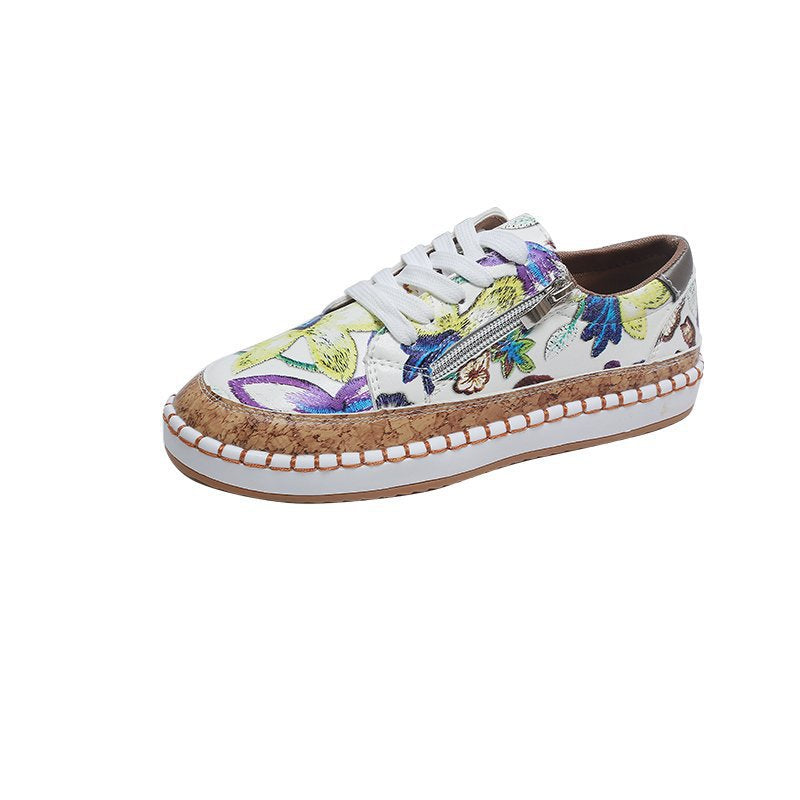 Women's floral platform sneaker with cork platform, side zipper and cushioned comfort insole Mune Fashion