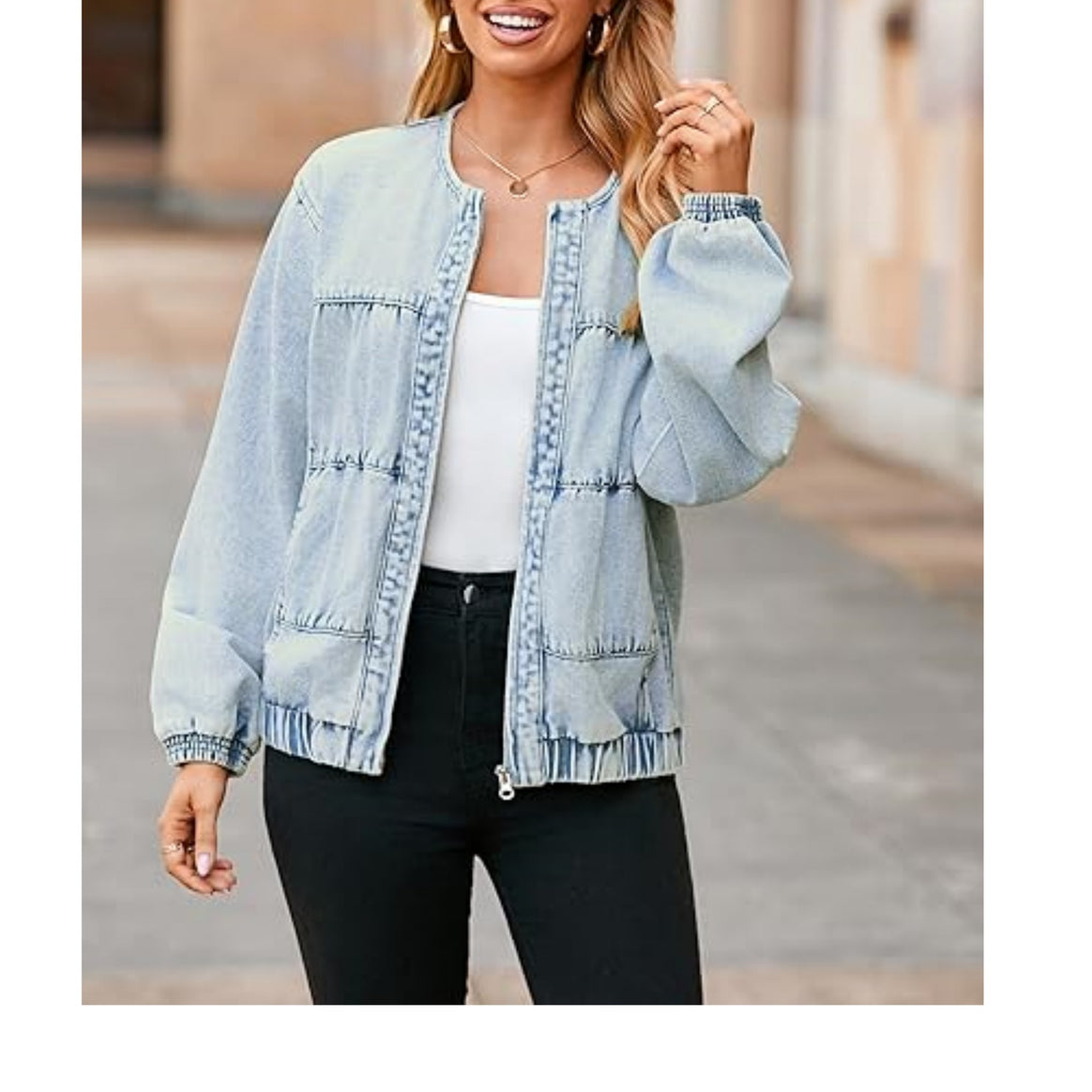 Women's bomber-style denim jacket with round neck, piping seams, and elastic hem Mune Fashion