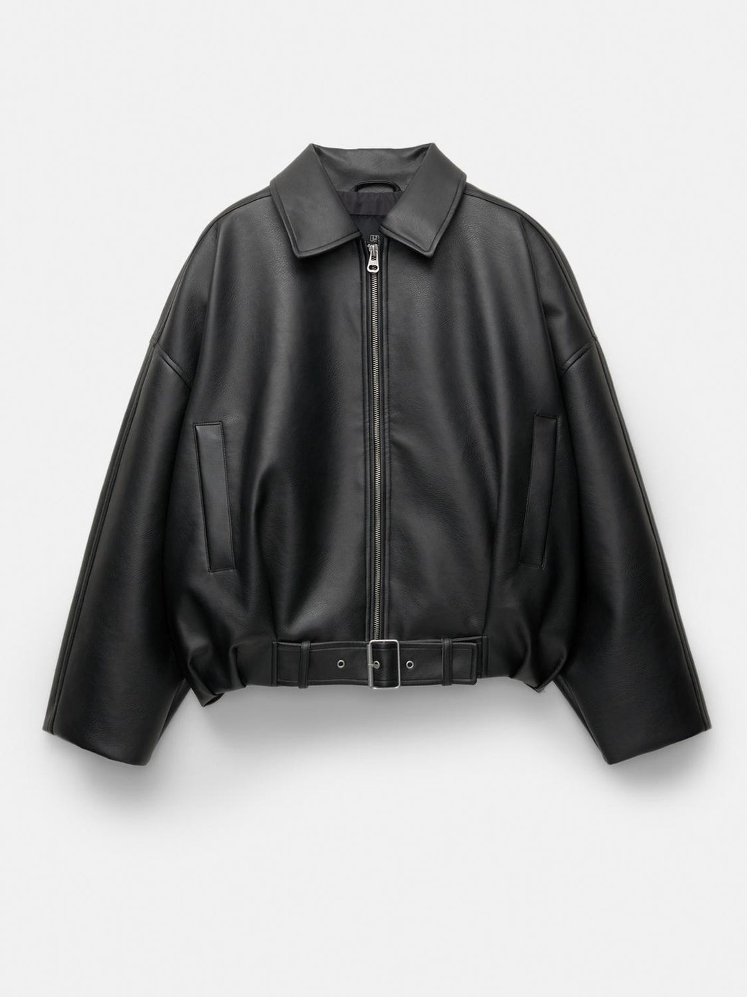 Women's stylish faux leather jacket with eye-catching collar and waist belt