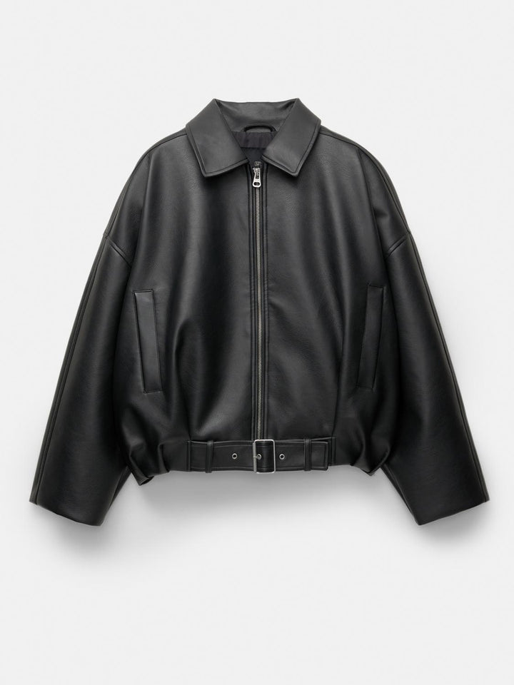 Women's stylish faux leather jacket with eye-catching collar and waist belt