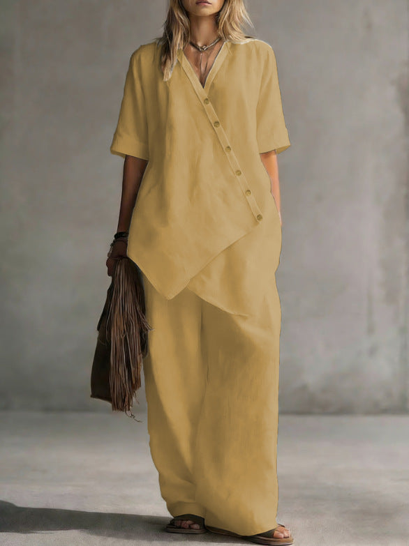Women's linen two-piece set with asymmetric button placket and wide palazzo pants Drune