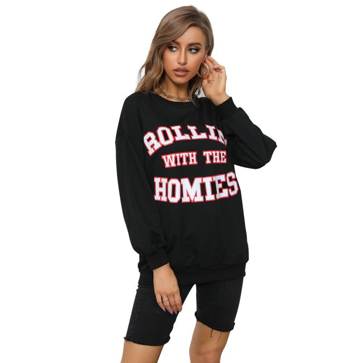 Women's Oversize College Sweatshirt with large front print, round neck & ribbed hem