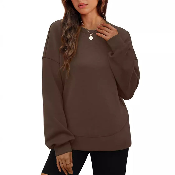 Women's casual oversized round neck sweatshirt with dropped shoulder, rounded hem, and soft inner lining Mune Fashion