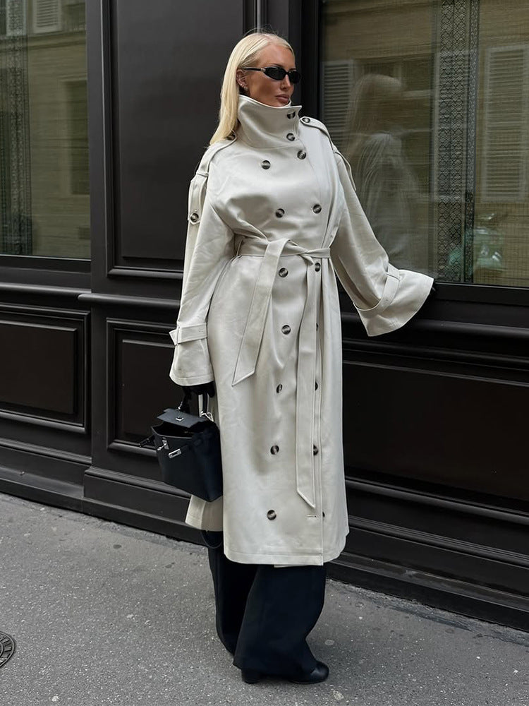 Women’s Long Trench Coat with High Standing Collar, Double-Breasted Button Placket and Wide Cuffs Mune Fashion