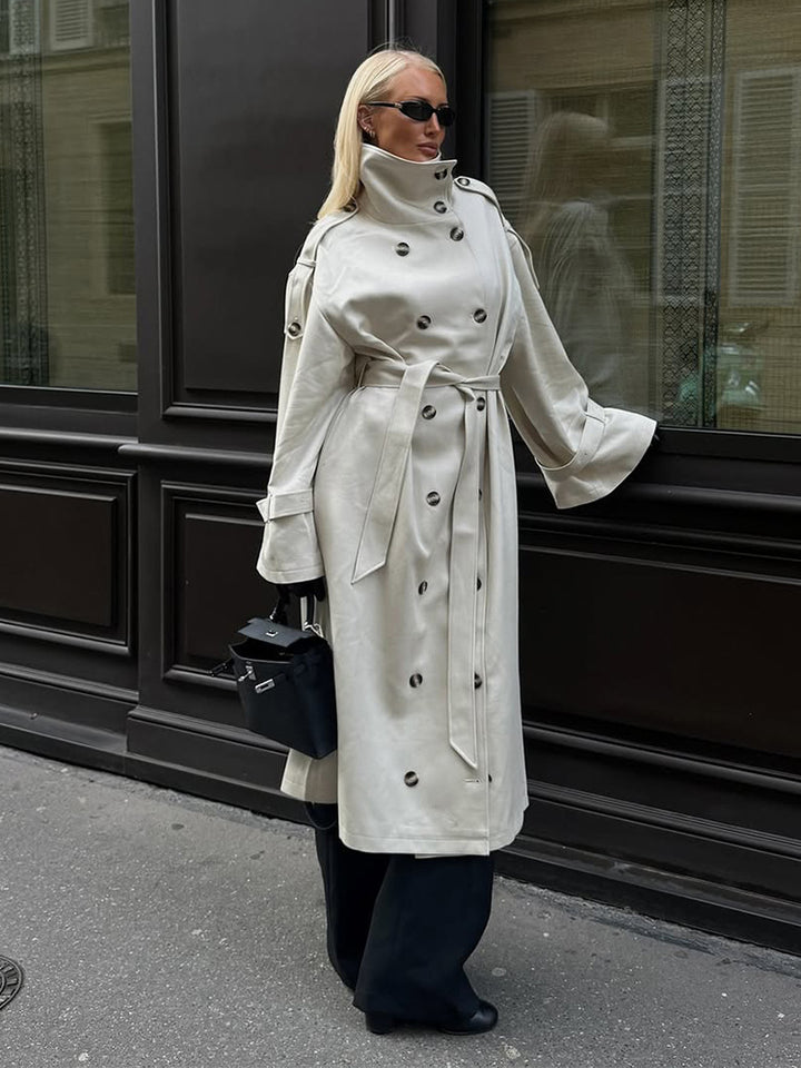 Women’s Long Trench Coat with High Standing Collar, Double-Breasted Button Placket and Wide Cuffs Mune Fashion