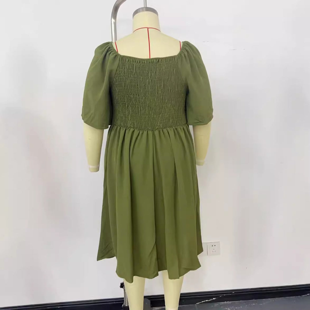 Women A-line midi dress with knot detail, puff sleeves and button placket Mune Fashion