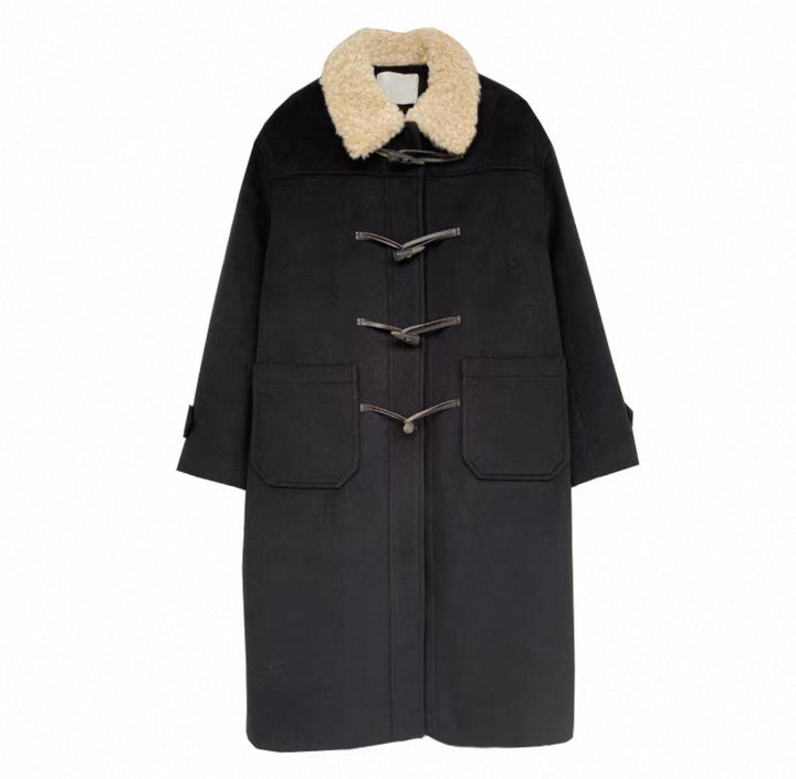 Women’s Long Duffle Coat with Teddy Collar, Toggle Fastenings and Patch Pockets Mune Fashion
