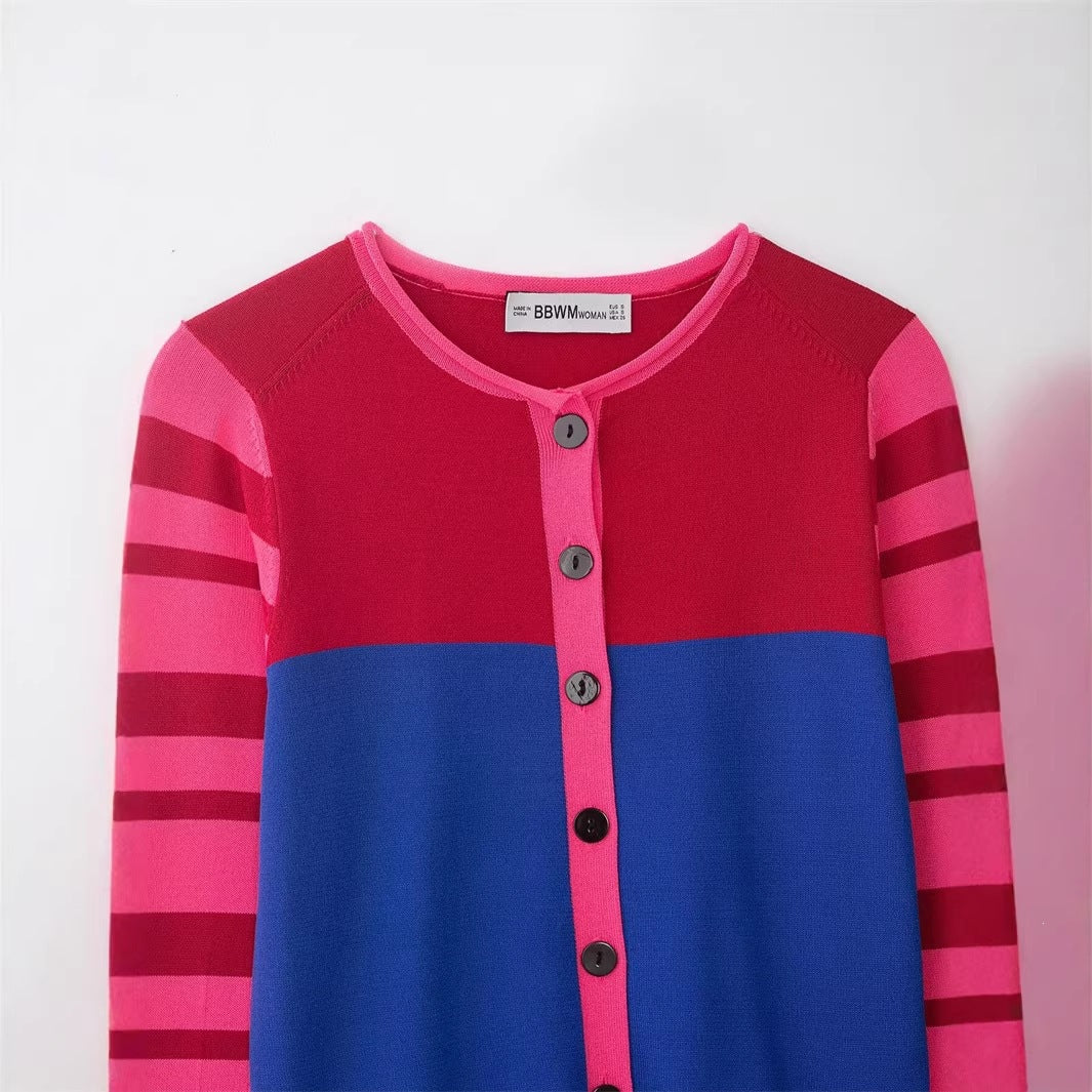 Women Cropped Cardigan with Color Block Design and Striped Sleeves Mune Fashion