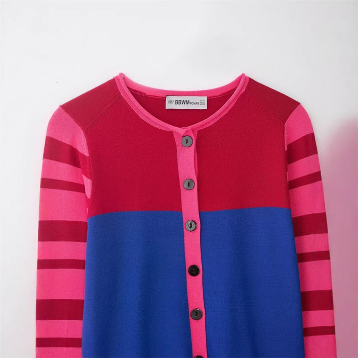 Women Cropped Cardigan with Color Block Design and Striped Sleeves Mune Fashion