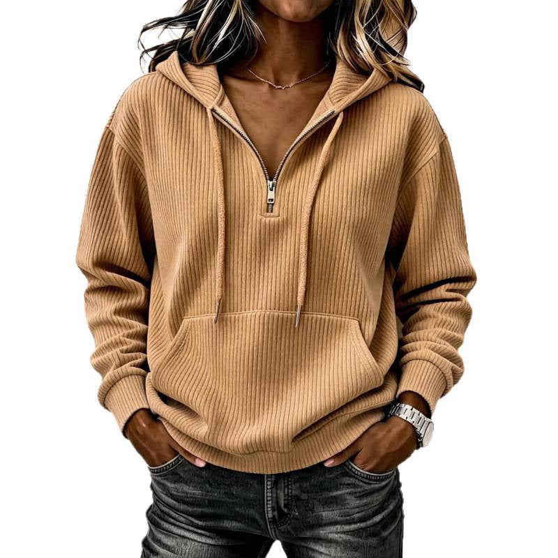 Women's casual oversized ribbed knit hoodie with half zipper Mune Fashion