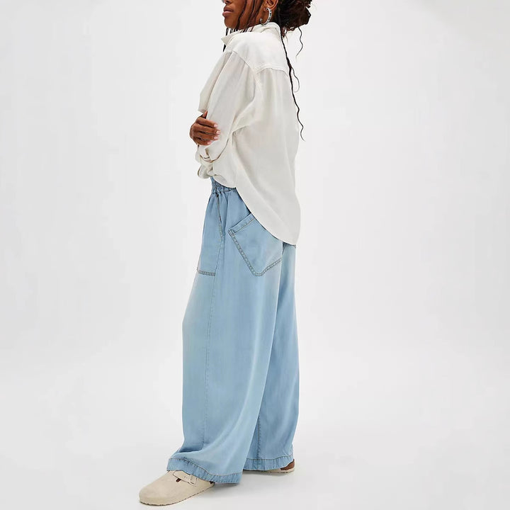 Women wide Lyocell pants with elastic drawstring waistband and large patch front pockets Mune Fashion