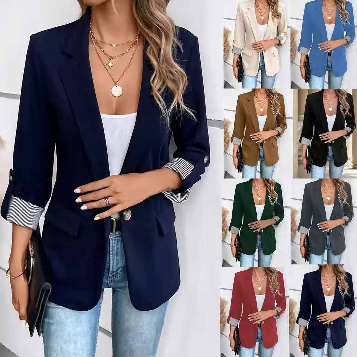 Ladies casual blazer with rolled-up sleeves and striped lining Mune Fashion
