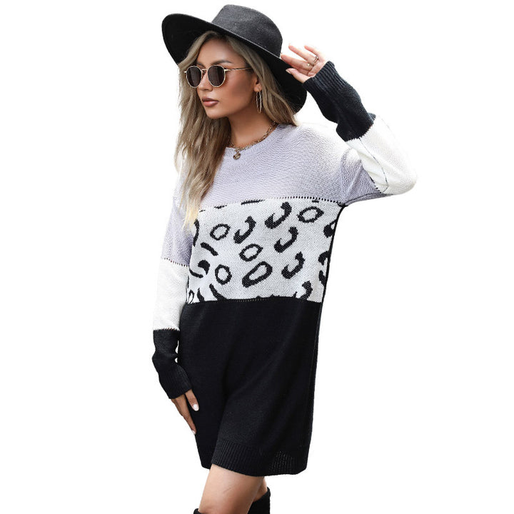 Women's figure-flattering knitted dress with color block and leopard panel Mune Fashion