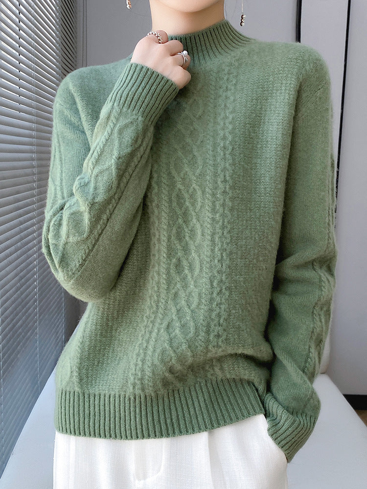 Women's Soft Cable Knit Mock Neck Sweater with Light Mohair Effect Mune Fashion