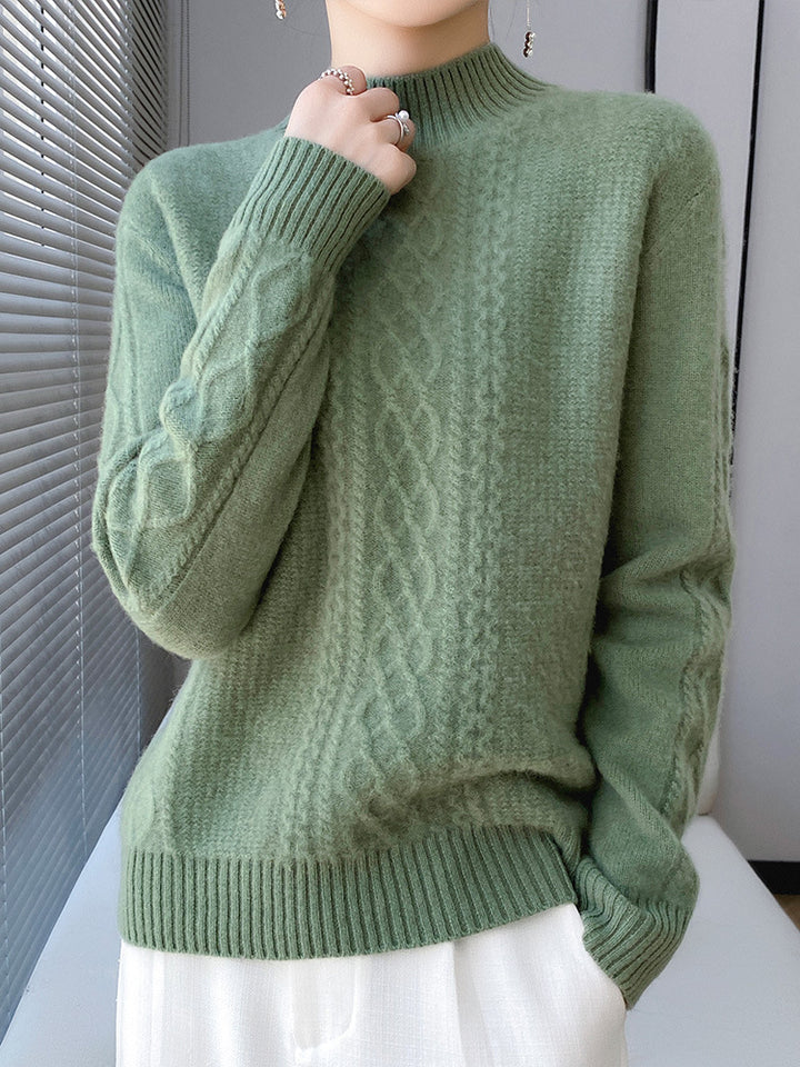 Women's Soft Cable Knit Mock Neck Sweater with Light Mohair Effect Mune Fashion