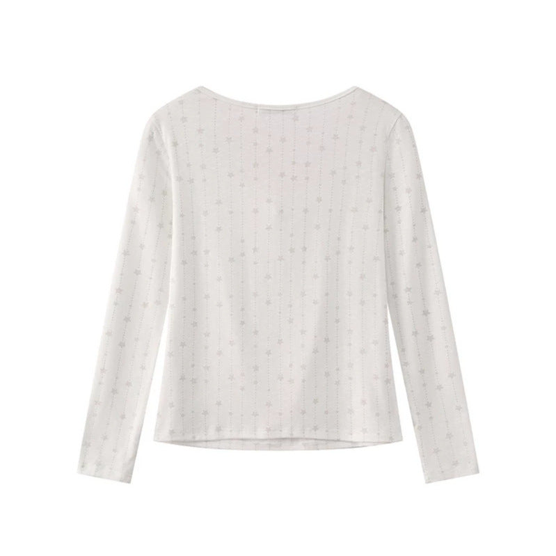Women's long-sleeve shirt with lacing at the neckline, fine star jacquard, and heart emblem Mune Fashion