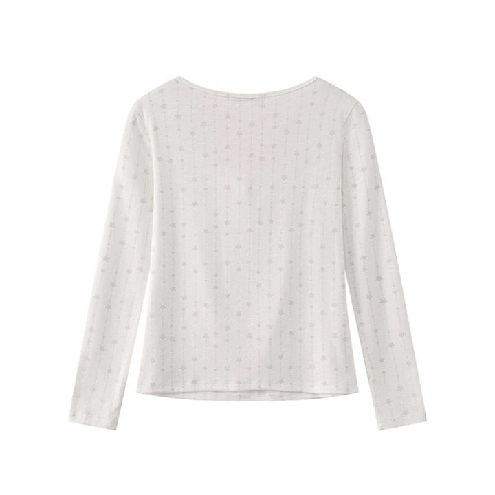 Women's long-sleeve shirt with lacing at the neckline, fine star jacquard, and heart emblem Mune Fashion