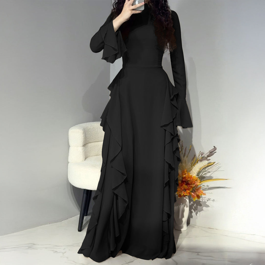 Women nan maxi dress with ruffle trim, tailored empire silhouette and long bell sleeves Mune Fashion