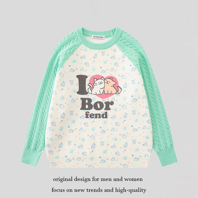 Women's knitted sweater with raglan sleeves, cable pattern sleeves and cartoon cat front print Mune Fashion