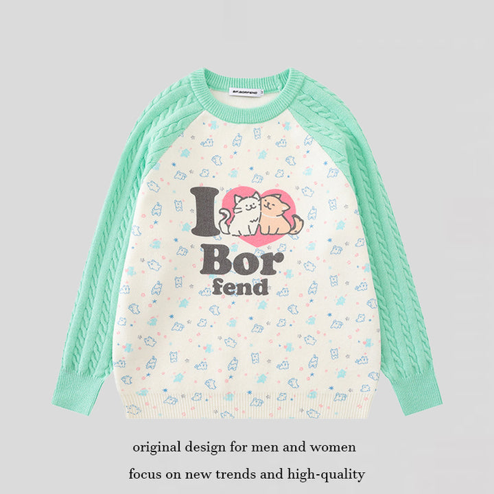 Women's knitted sweater with raglan sleeves, cable pattern sleeves and cartoon cat front print Mune Fashion