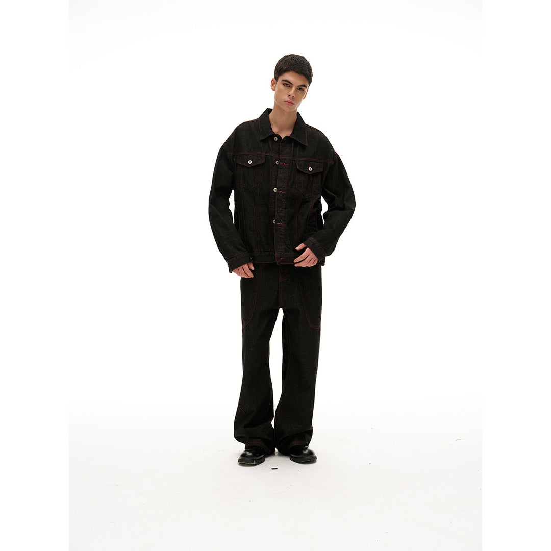 Men's Boxy Denim Jacket with Red Contrast Stitching and Metal Buttons Mune Fashion