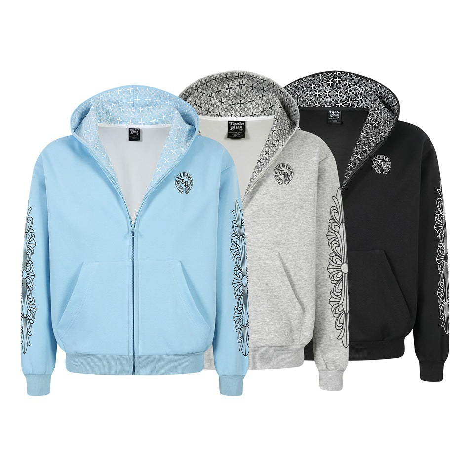 Unisex hooded sweatshirt in urban gothic print with ribbed hem Mune Fashion