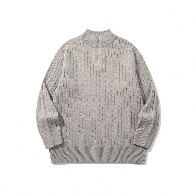 Unisex Oversize Braided Knit Half-Zip Sweater with Short Stand-Up Collar and Wide Ribbed Hem Mune Fashion