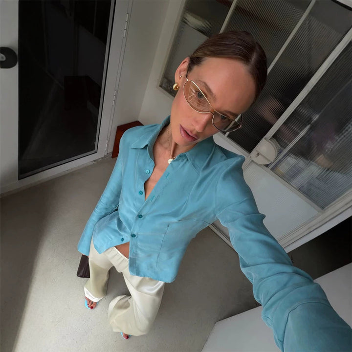 Women's satin blouse with tailored cut, shirt collar, and shaping seams Mune Fashion