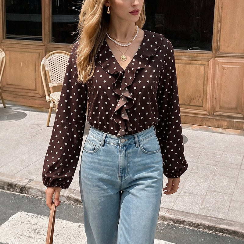 Women Polka Dot Ruffled Blouse with V-Neck, Long Sleeves and Elastic Cuffs Mune Fashion