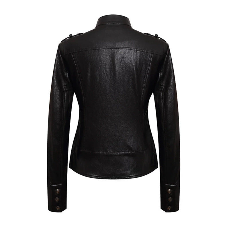Women’s fitted leather jacket in military style with stand-up collar and decorative button placket Mune Fashion
