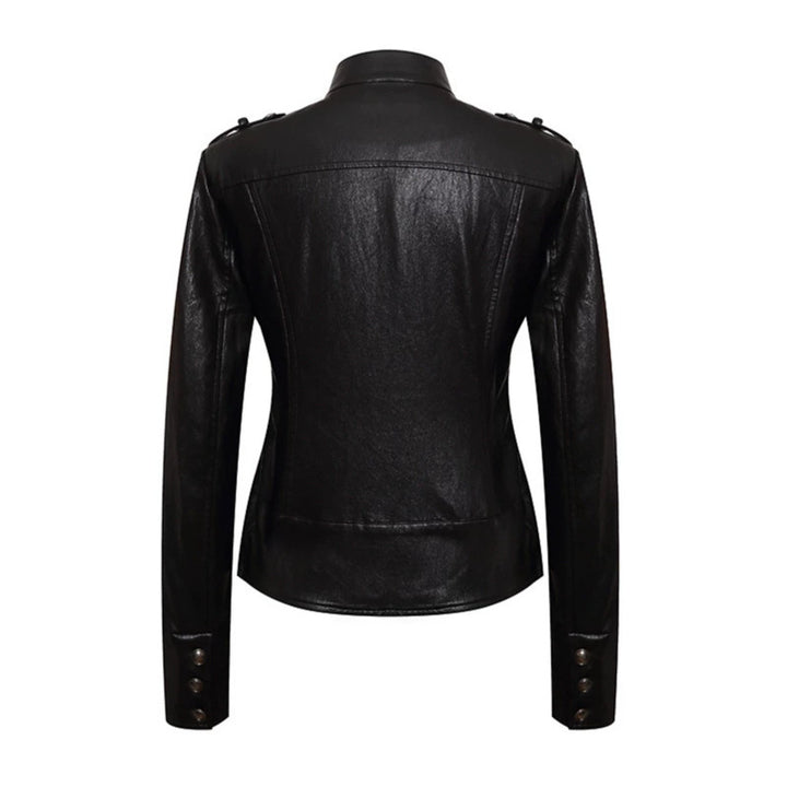 Women’s fitted leather jacket in military style with stand-up collar and decorative button placket Mune Fashion