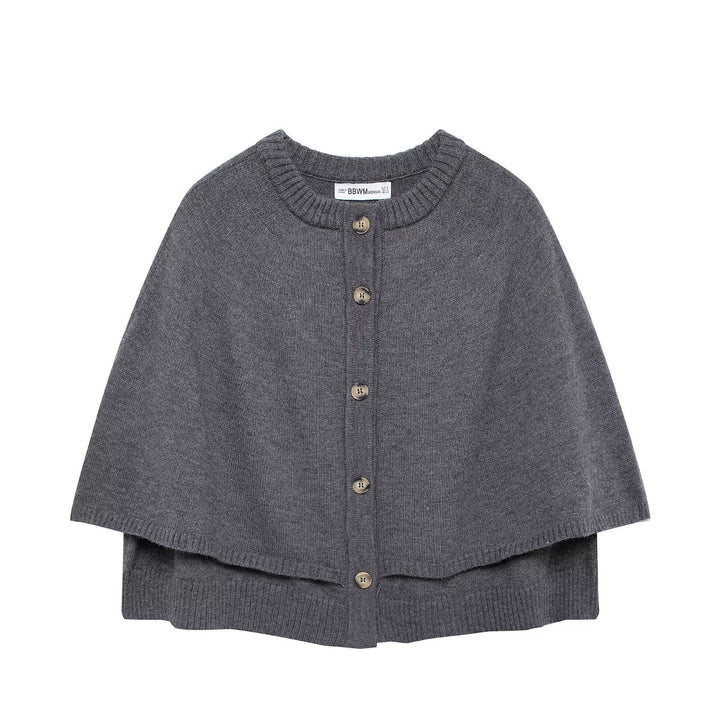 Women's Button-Front Knit Cape with Double Layer and Round Neckline Mune Fashion