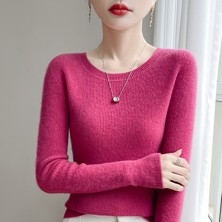 Women's Tailored Round Neck Sweater in Fine Ribbed Cashmere Look Mune Fashion