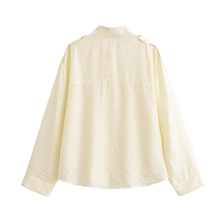 Women's Loose Silk-like Shirt with Stand Collar and Shoulder Straps Mune Fashion