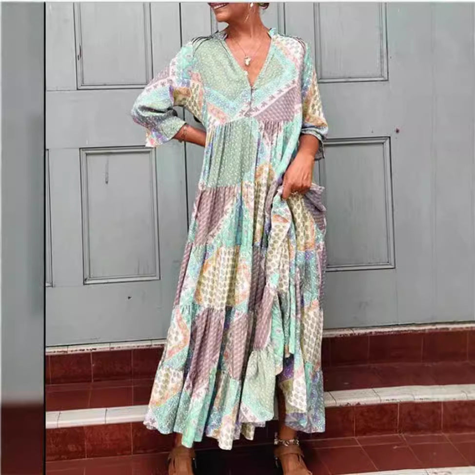 Women's nan Patchwork tiered maxi dress with V-neck, partial button placket, gathered yoke and side pockets Mune Fashion