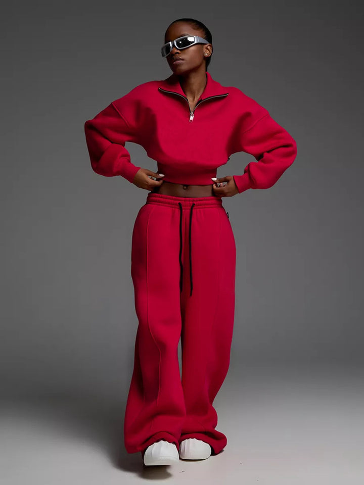 Women short Half-Zip Crop Sweatshirt with high waist and wide Sweatpants set Mune Fashion