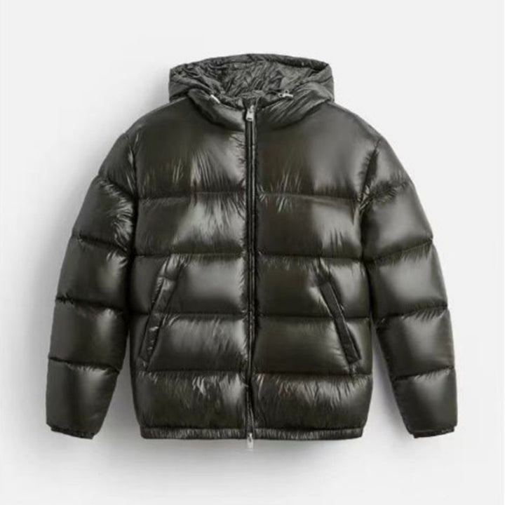 Men's quilted hooded jacket with glossy surface, warm synthetic filling and two-way zipper Mune Fashion
