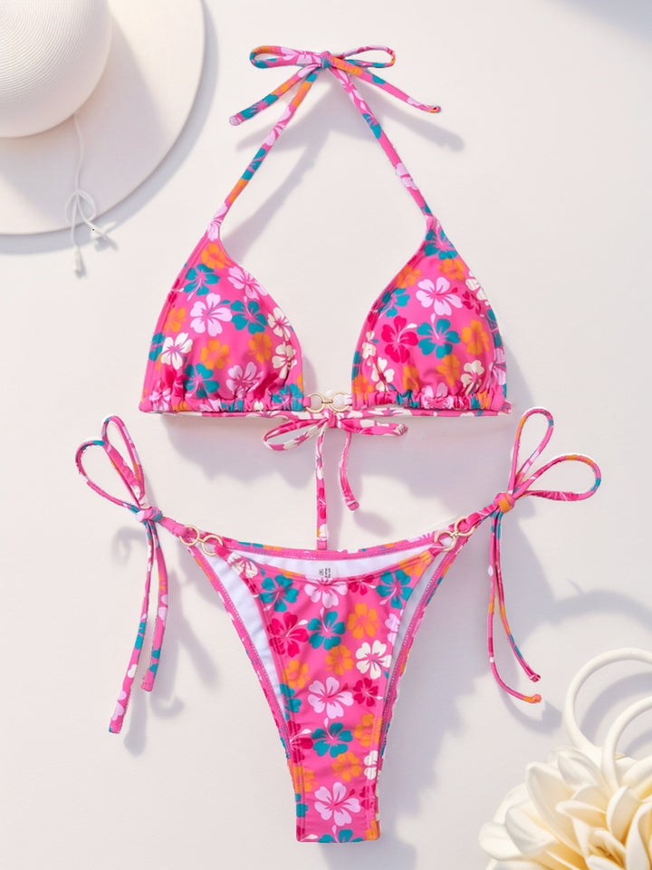 Women's triangle bikini with refined ties and colorful floral pattern Mune Fashion