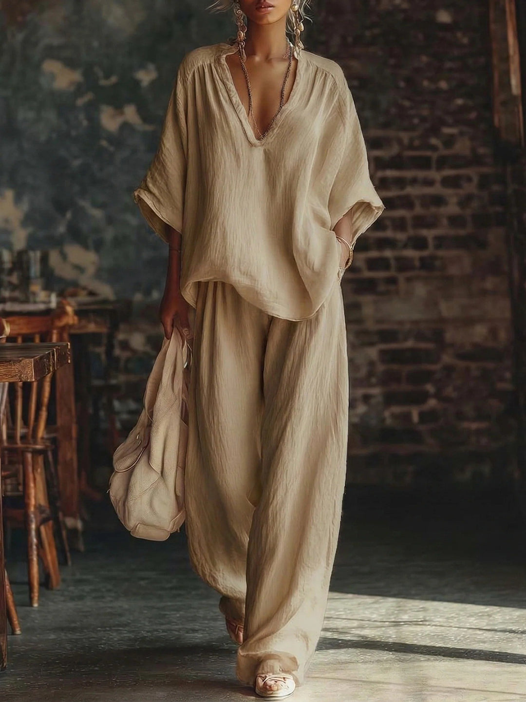 Women's casual two-piece linen-look set with deep V-neck, oversized blouse and wide palazzo pants Mune Fashion