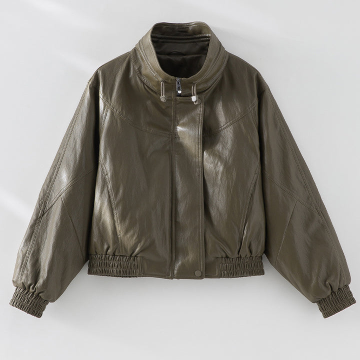 Women Oversized Faux Leather Bomber Jacket with Stand-up Collar and Elastic Hem Mune Fashion