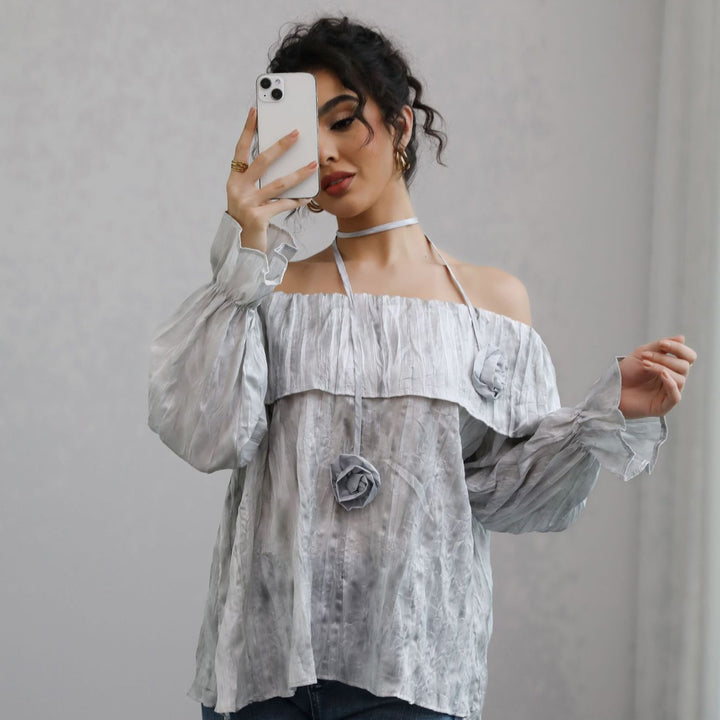 Women Off-Shoulder Crinkle Blouse Top with Ruffles, Balloon Sleeves and Choker Mune Fashion