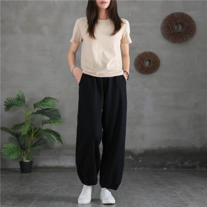 Women's relaxed linen harem pants with elastic waistband and ankle cuffs Mune Fashion