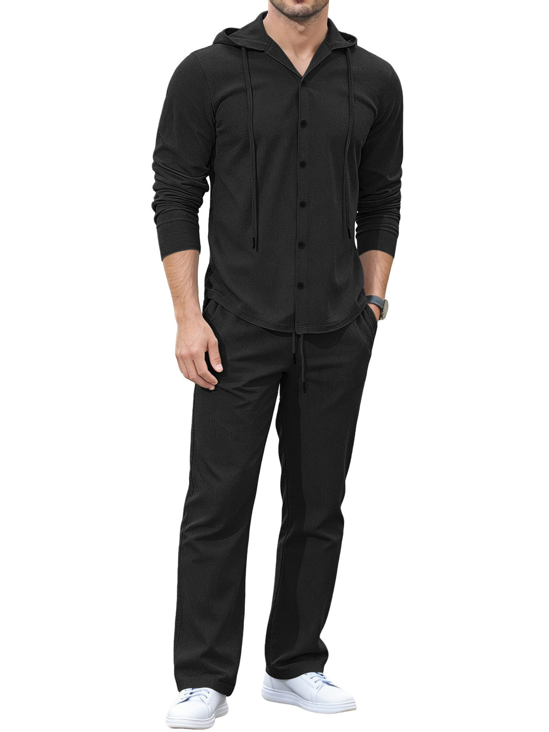 Men's Casual Button Hoodie Lounge Set made of Jersey with Drawstring and Comfort Jogger Mune Fashion